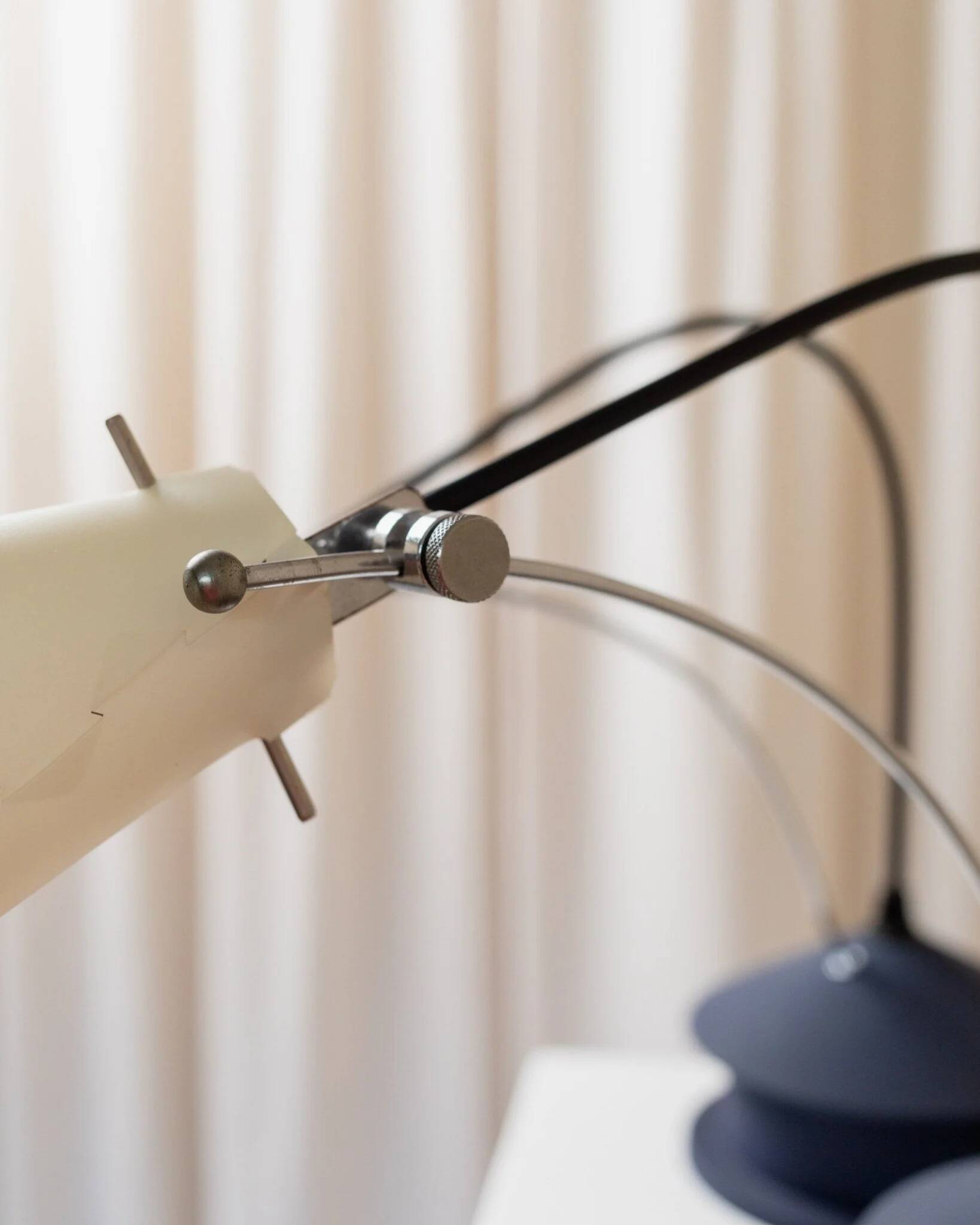 Vintage blue metal table lamp with adjustable chrome neck and white plastic origami shade, 1980s Italy