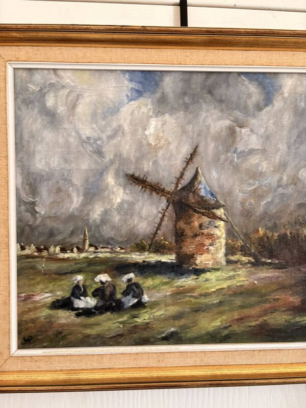 Tableau Peinture Huile Bois Moulin Femme Bigoudène Impressionnisme Courvois