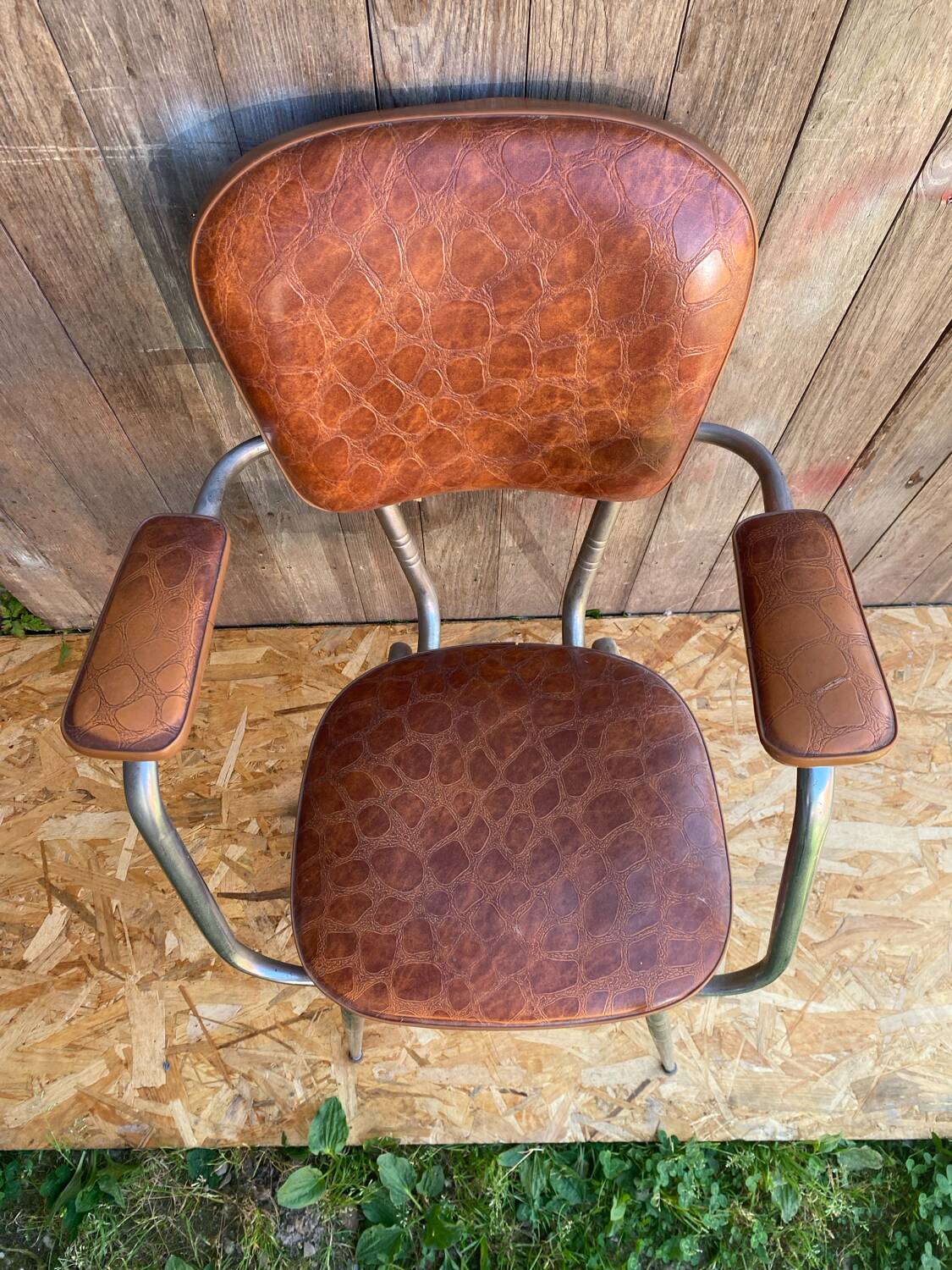 Antique Chrome Metal Armchair + Crocodile Brown Leatherette Seat & Back #C5