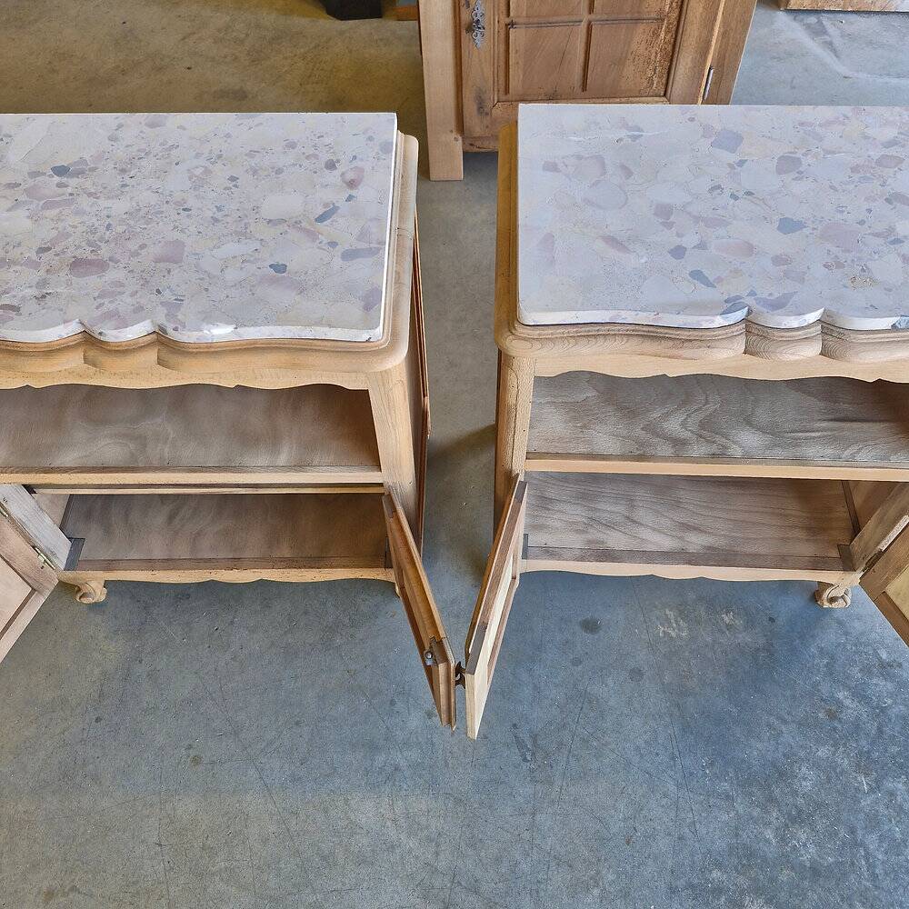 2 antique bedside tables made of solid wood and marble – sandblasted