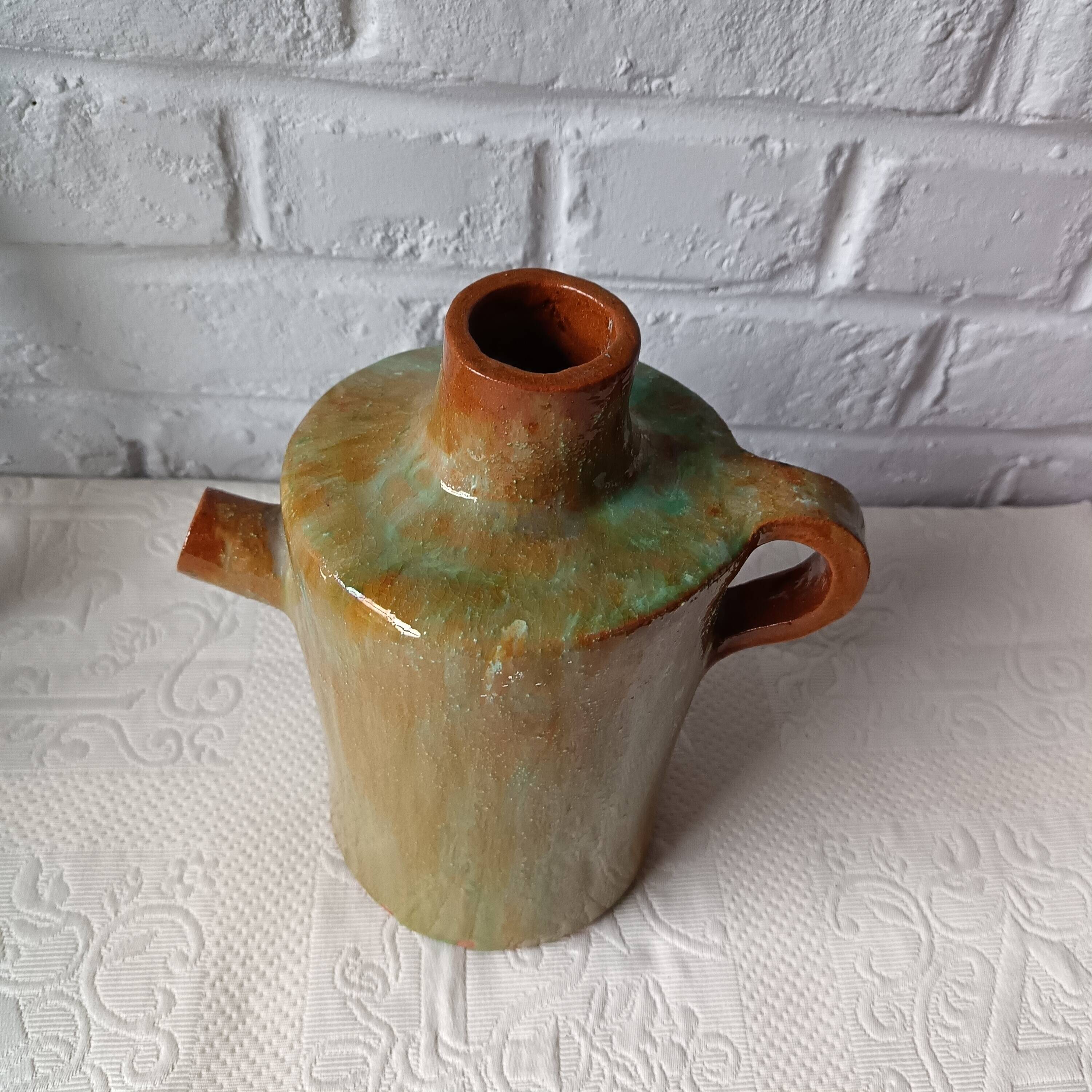 Vintage green enamelled handmade terracotta jar France