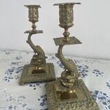 Pair of brass dolphin candlesticks, late 19th century, Napoleonic period