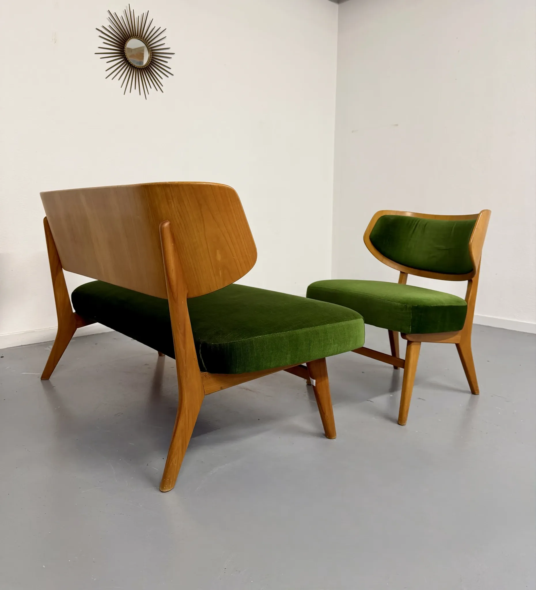 Sofa and armchair designed by Herta-Maria Witzemann, moulded wood, 1960s.