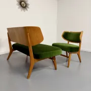 Sofa and armchair designed by Herta-Maria Witzemann, moulded wood, 1960s.