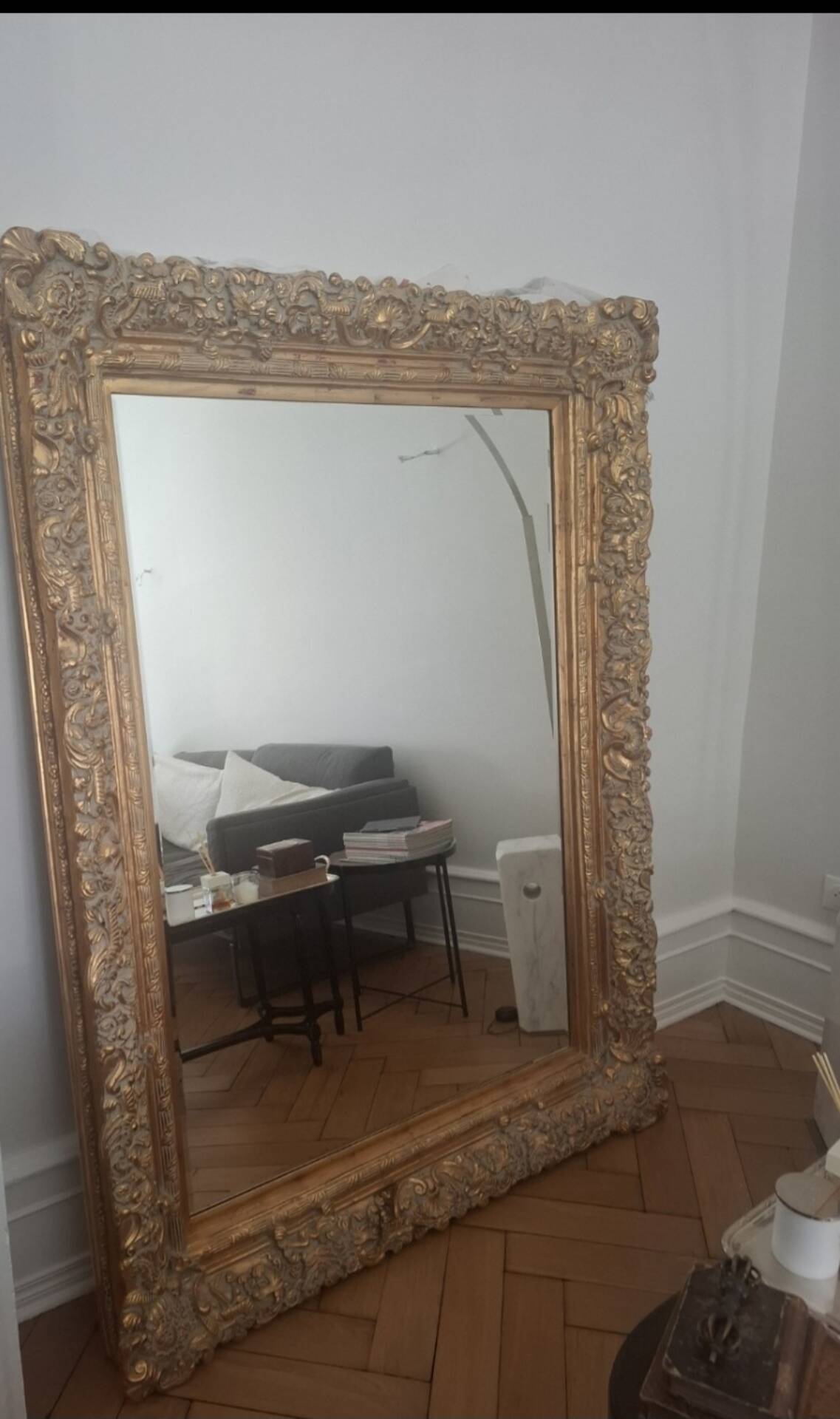 Grand miroir ancien monumental 185x145 bois doré glace biseautée style