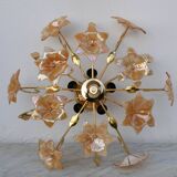 Murano Vintage Ceiling Light Orange Iridescent Flowers, 1970s