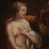 17th century mythological painting, Meleager offers the boar's head to Atalanta