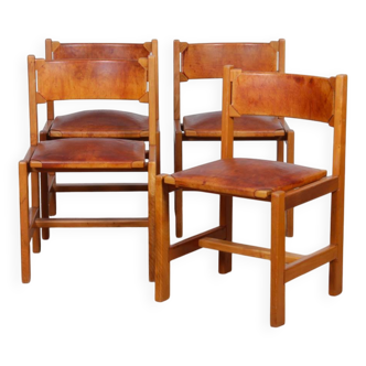 Set of 4 Maison Regain chairs in elm and leather, 1980