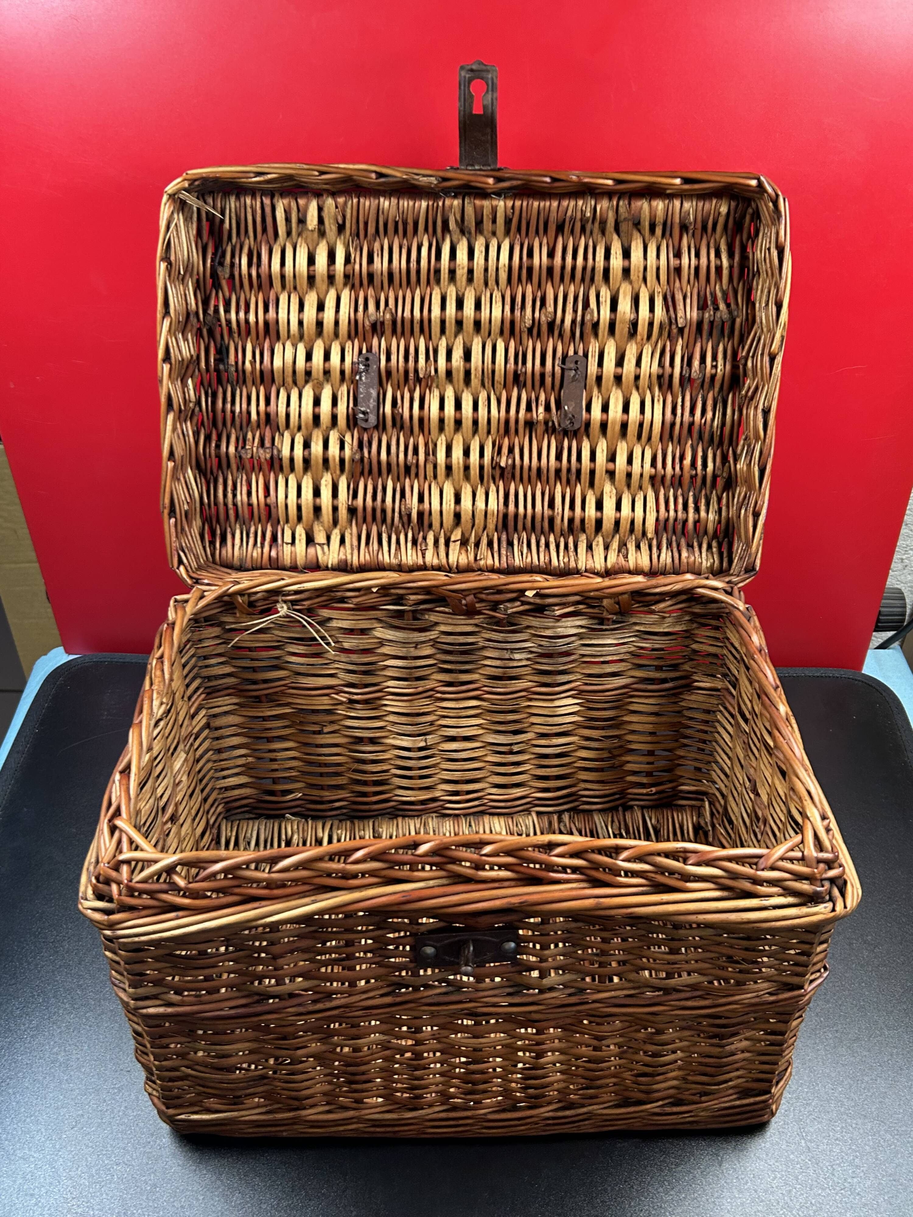 Rare antique wicker picnic basket with iron closures and handle