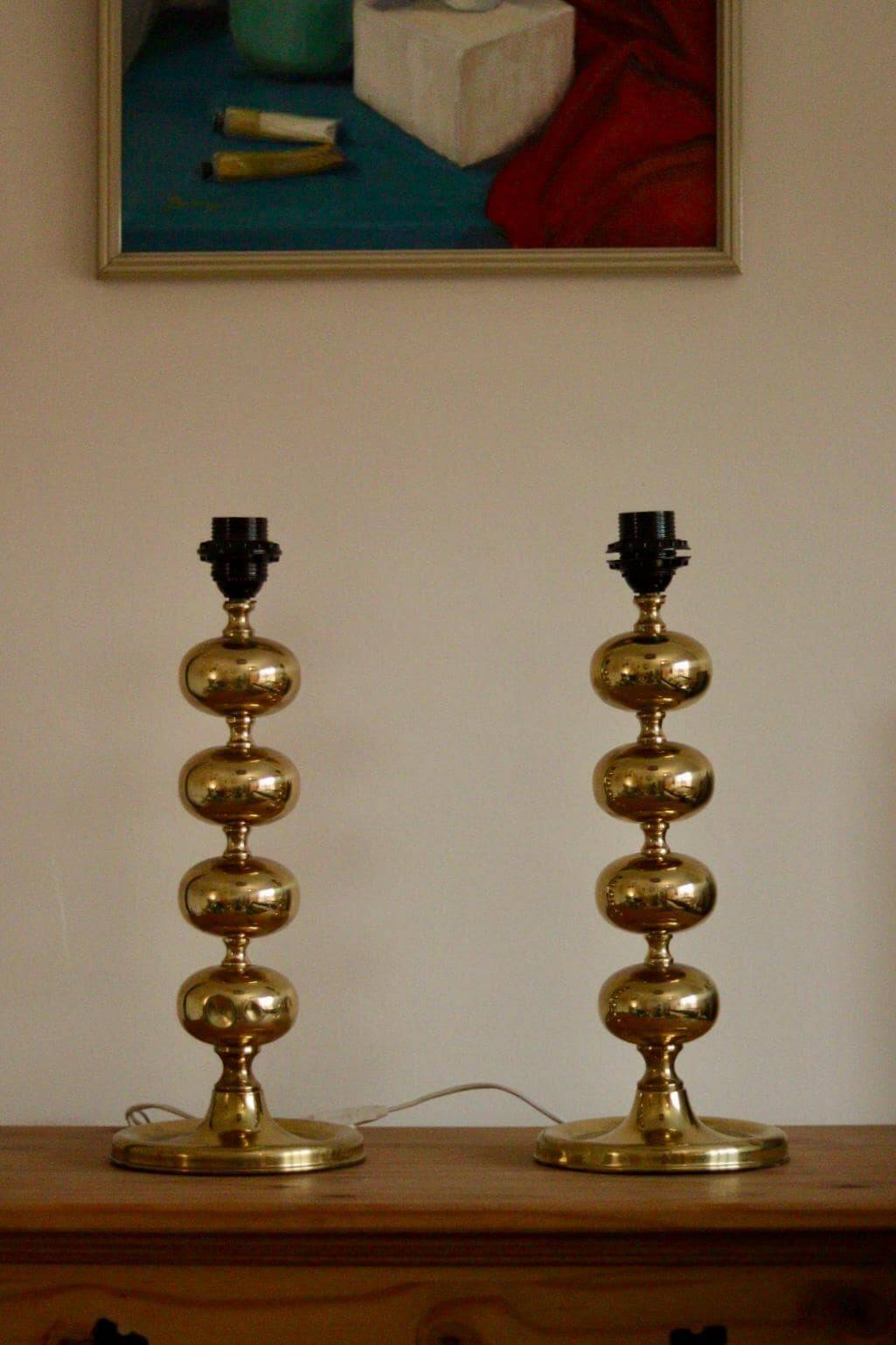 Pair of tall mid-century Swedish brass bobbin lamps by Aneta