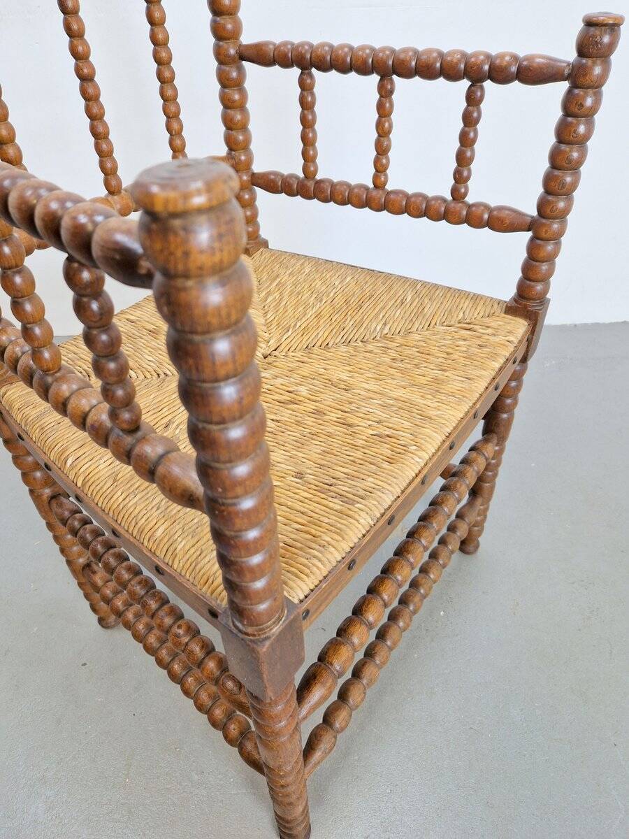 Mid-Century Arts and Craft Oak Bobbin Chair with Rush Seat, 1930s