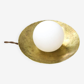 Small Mid-century Table or Wall Pearl Lamp in Brass & Opaline Glass, 50s