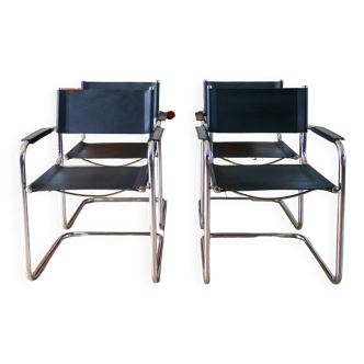 Set of 4 tubular armchairs in chrome and black Cantilever split leather, Mart Stam, 1970