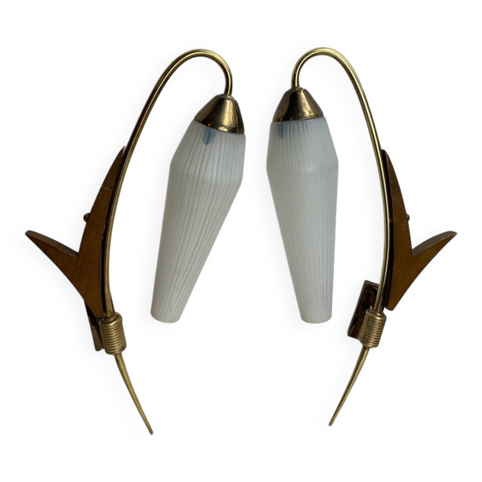 Pair of wall lights in brass, wood and opaline glass, 1950s/60s