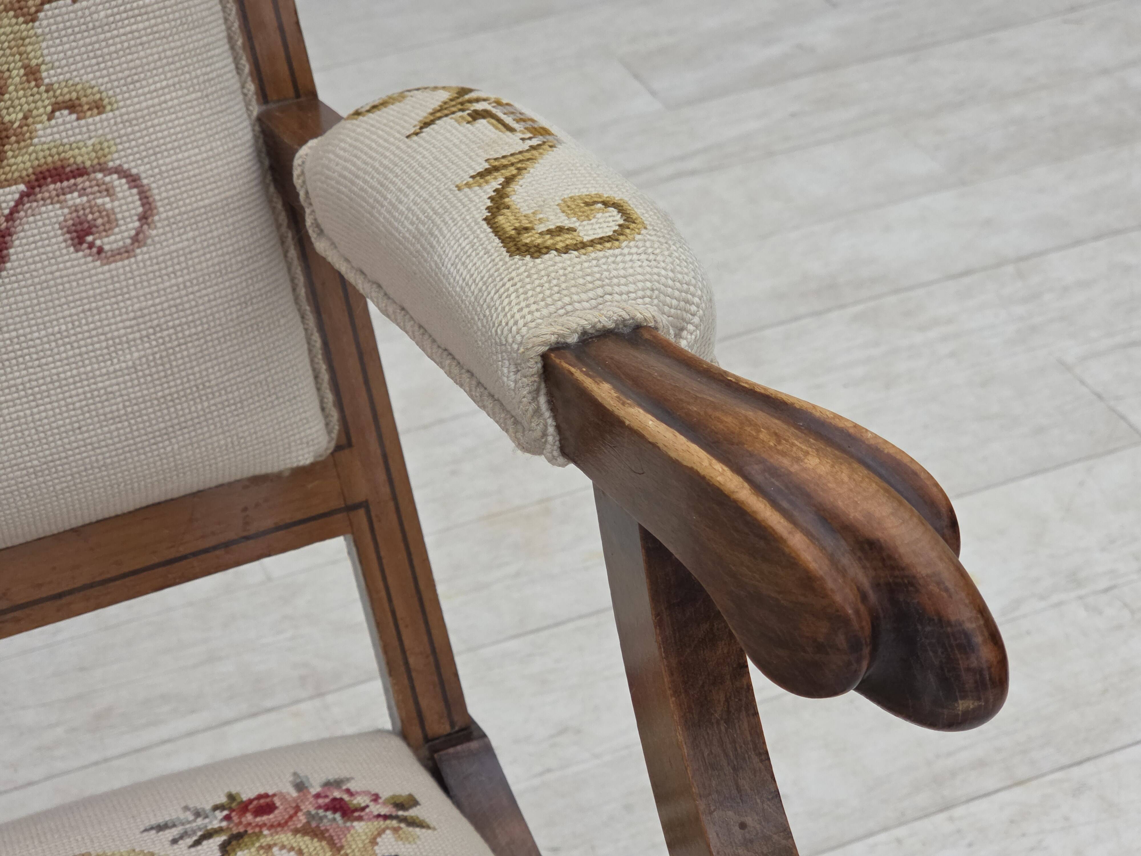 1930s, Danish highback rocking chair, original hand woven wool, ash wood.