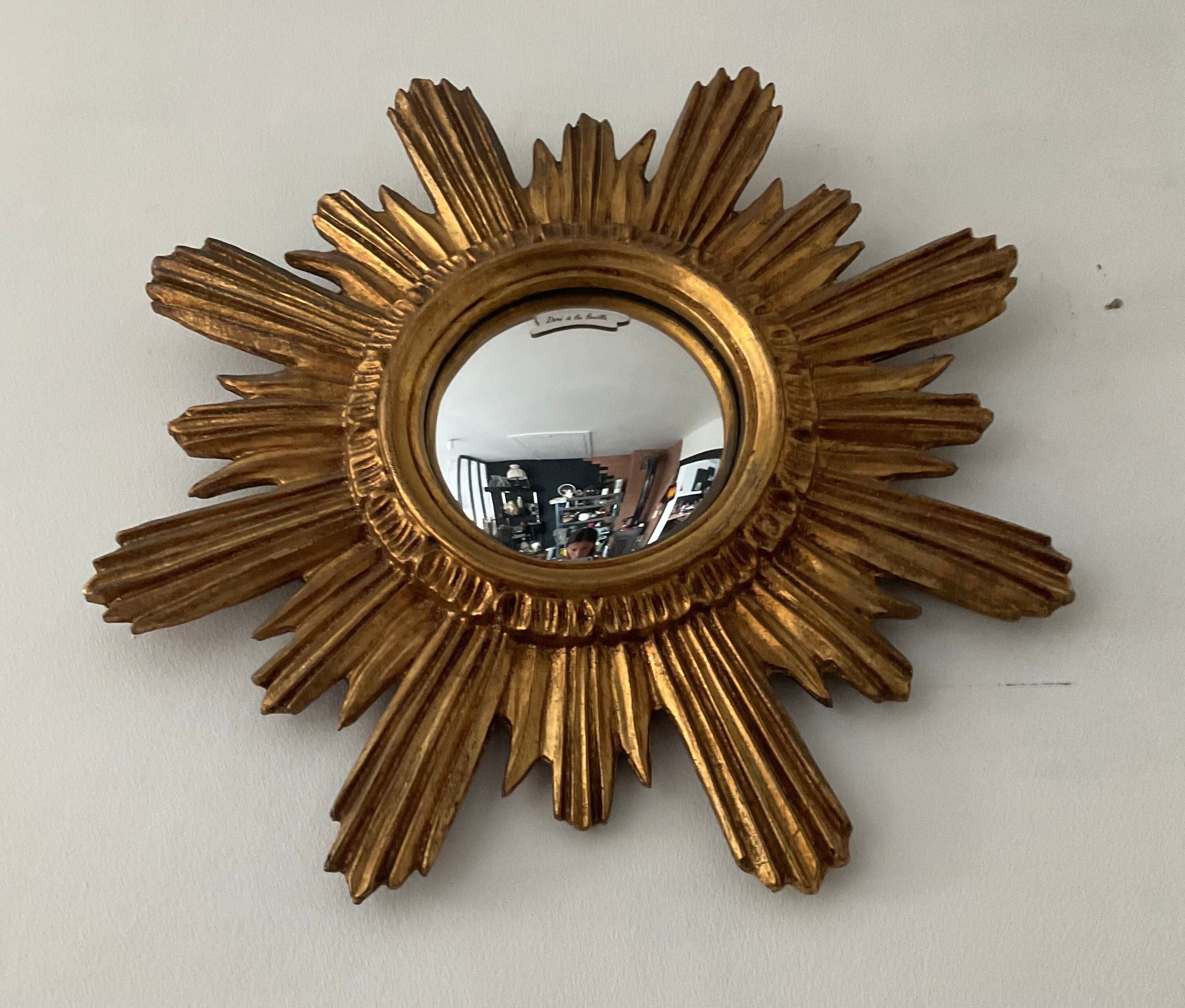 Vintage Witch Eye Mirror in Gilded Wood and Domed Glass