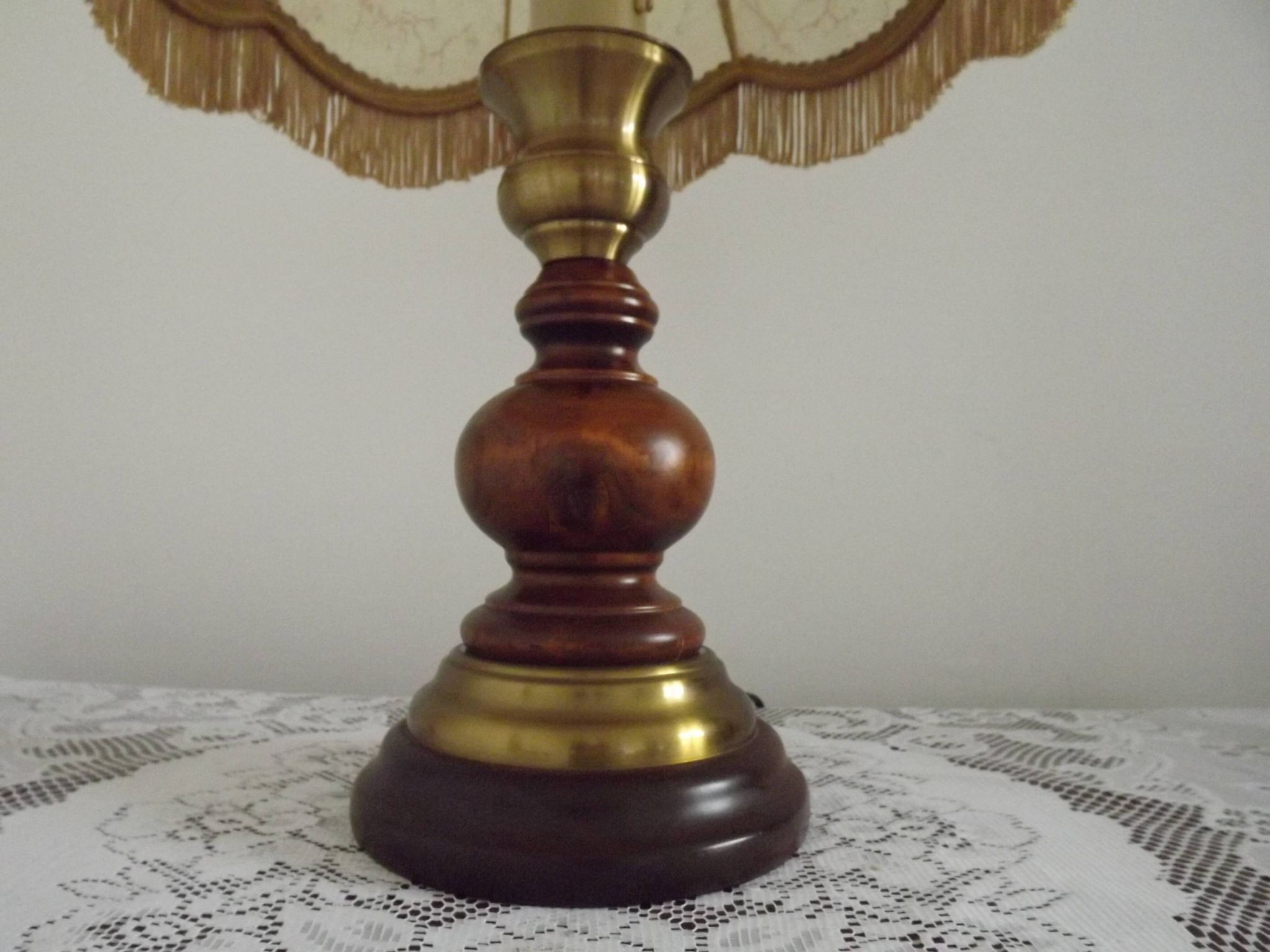 French Mid-Century Brass and Turned Wood Table Lamp with Hide Skin Shade
