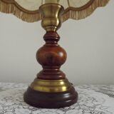 French Mid-Century Brass and Turned Wood Table Lamp with Hide Skin Shade