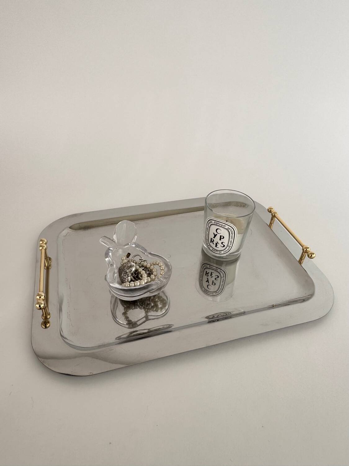Vintage Stainless Steel Serving Tray With Gold Colored Handles