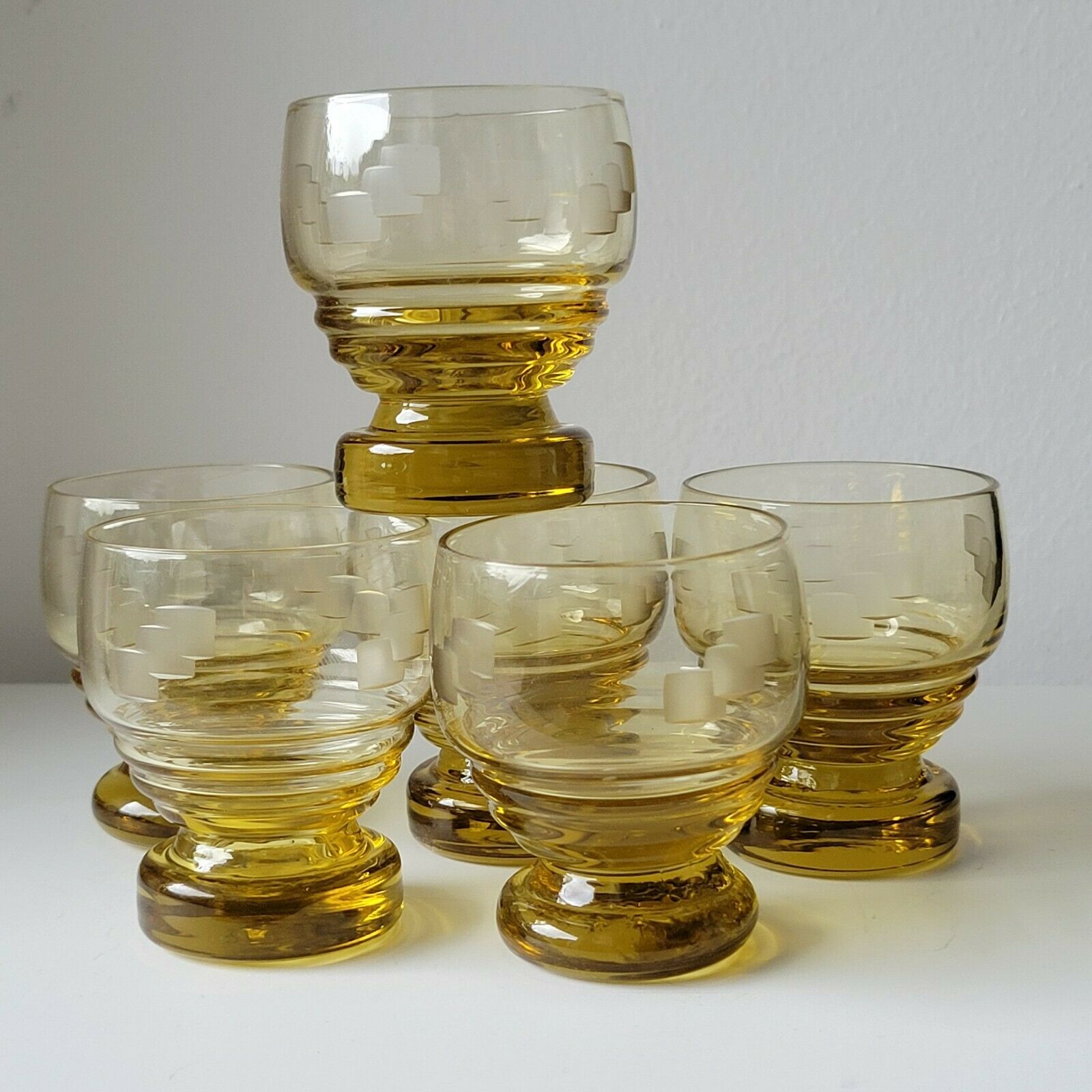 6 old art deco yellow cut glass liqueur glasses