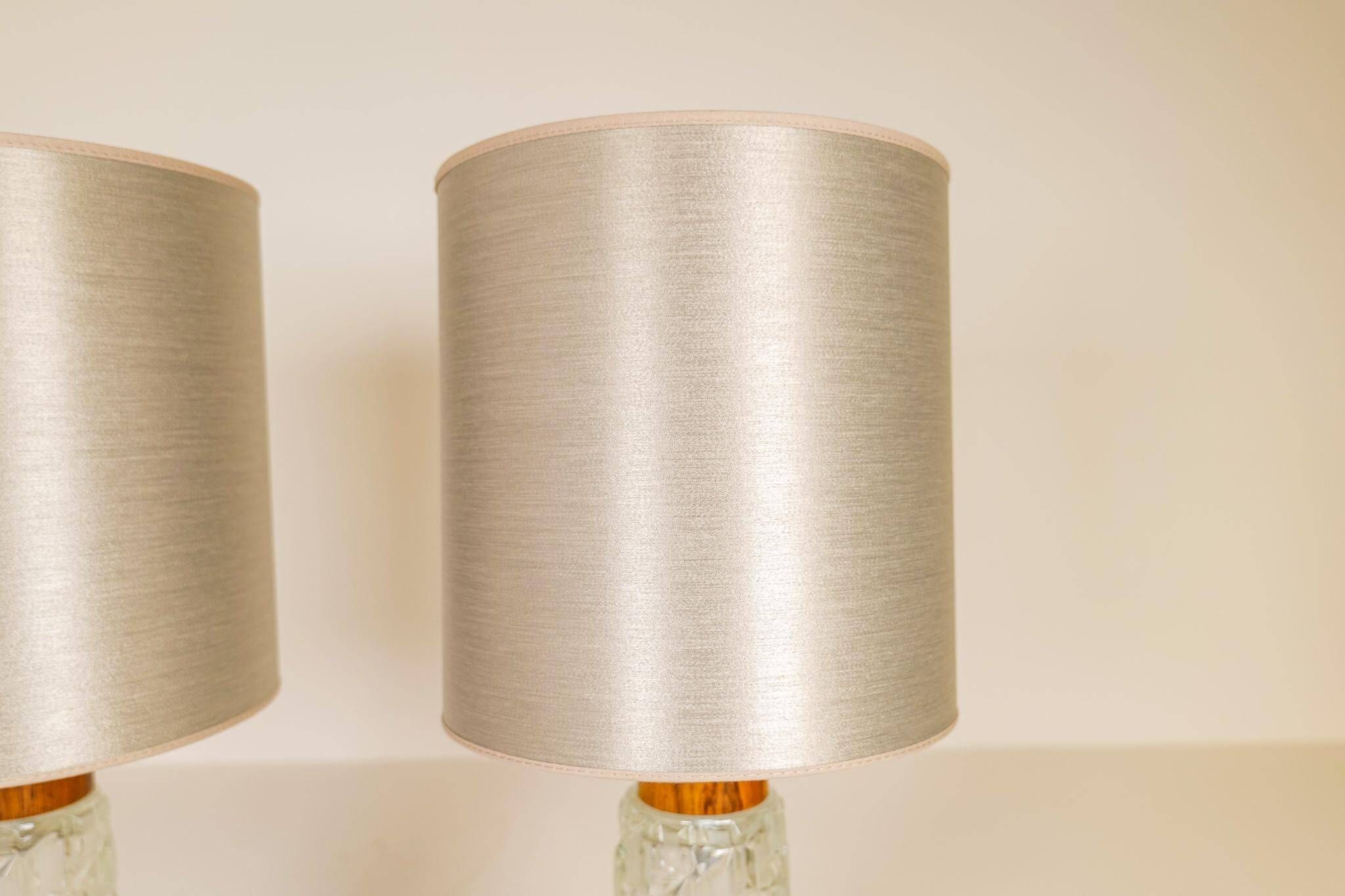 Midcentury table lamps Orrefors teak and glass Sweden