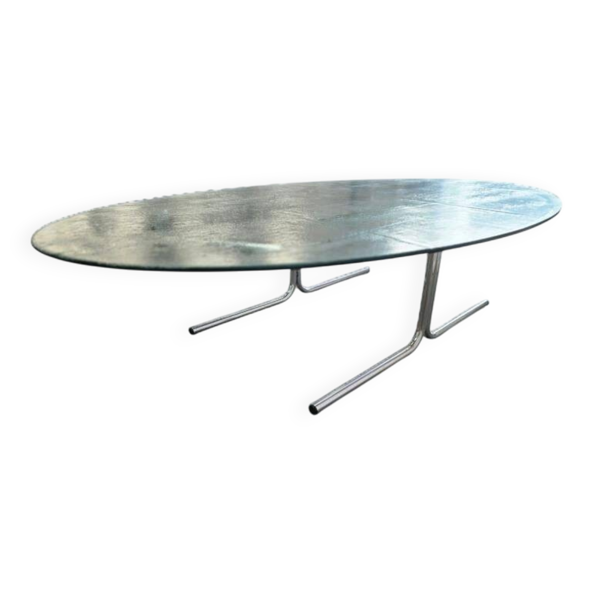Table basse XL vintage en verre avec cadre chromé