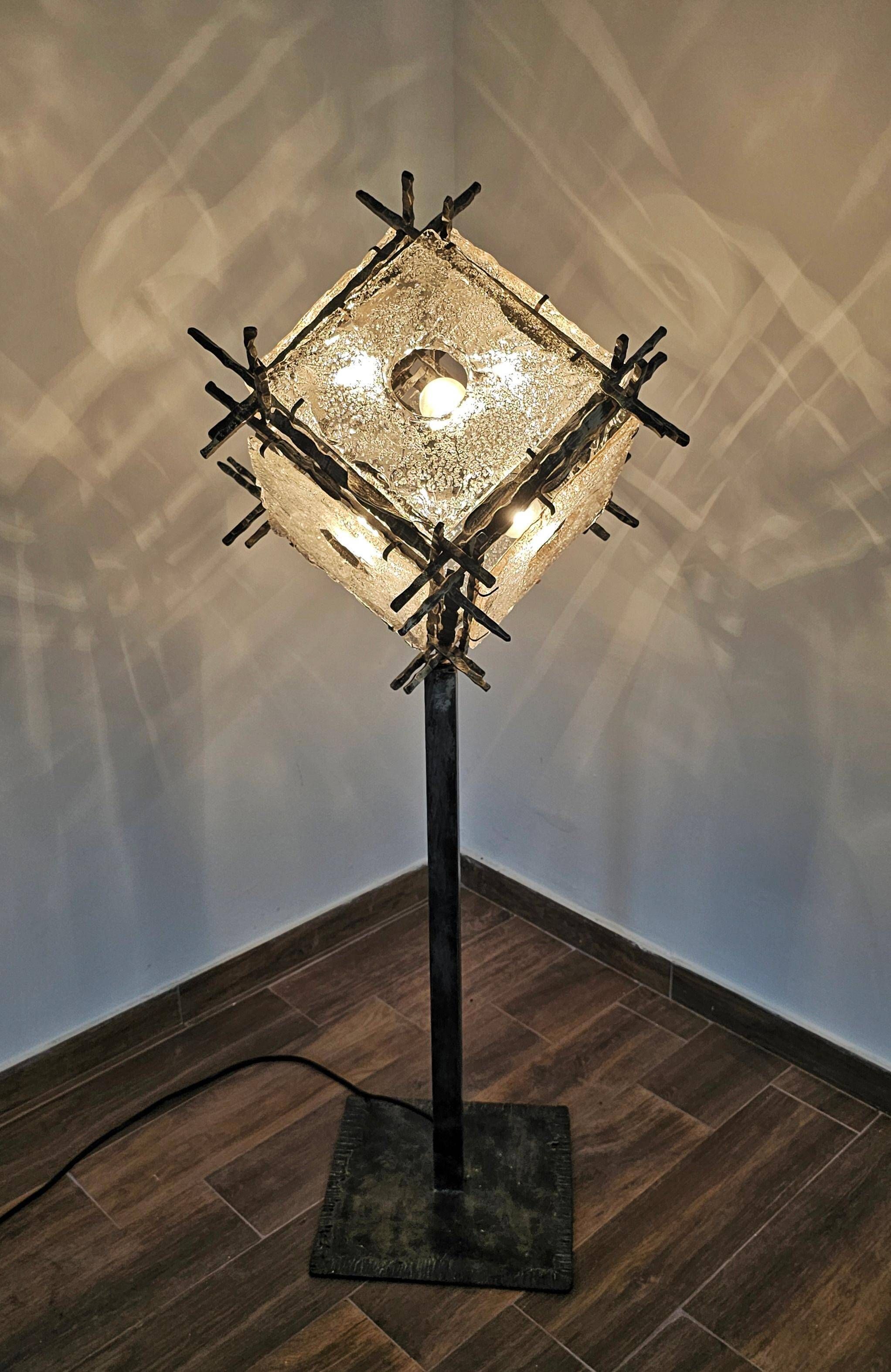 Brutalist floor lamp with Murano glass panels by Longobard.