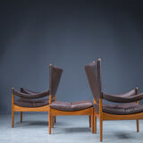 Mid-century danish oak and leather lounge chairs & ottoman by kristian vedel, 1960s, set of 3