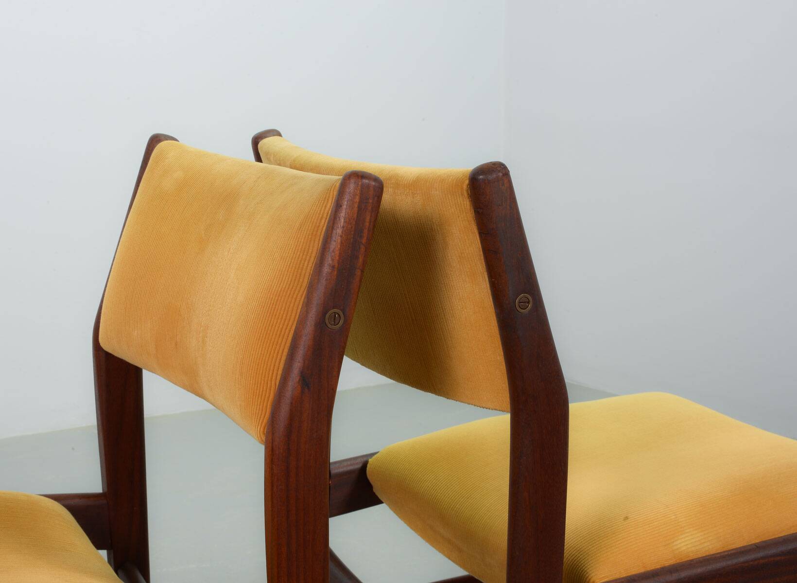 Vintage Design Teak Wooden Dining Chairs with Honey Yellow Corduroy Fabric
