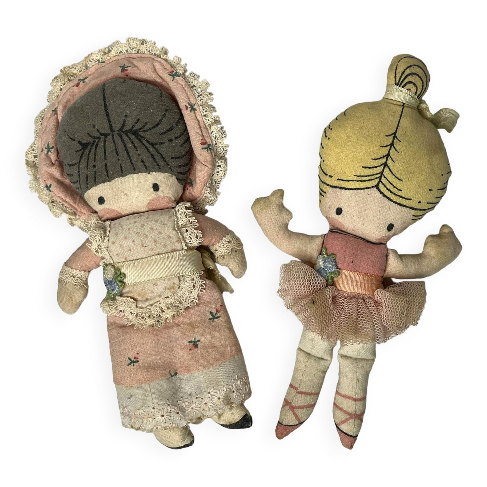 Jouets anciens, deux poupées de poche chiffon Wolpit California 1975