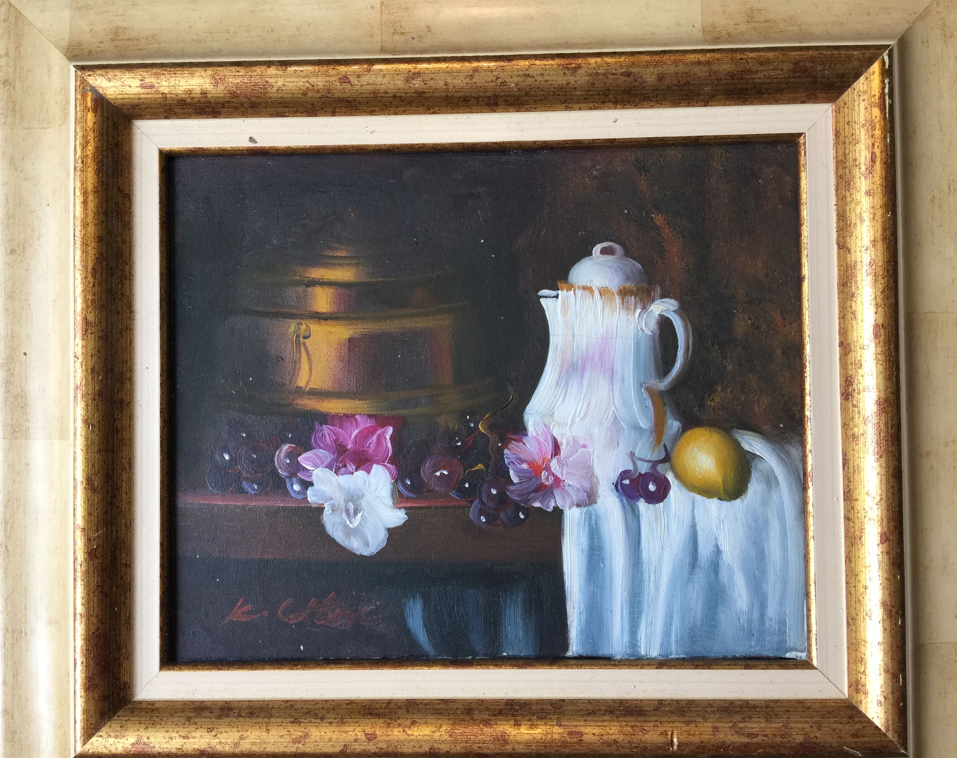 "still life with white pitcher" original acrylic on canvas