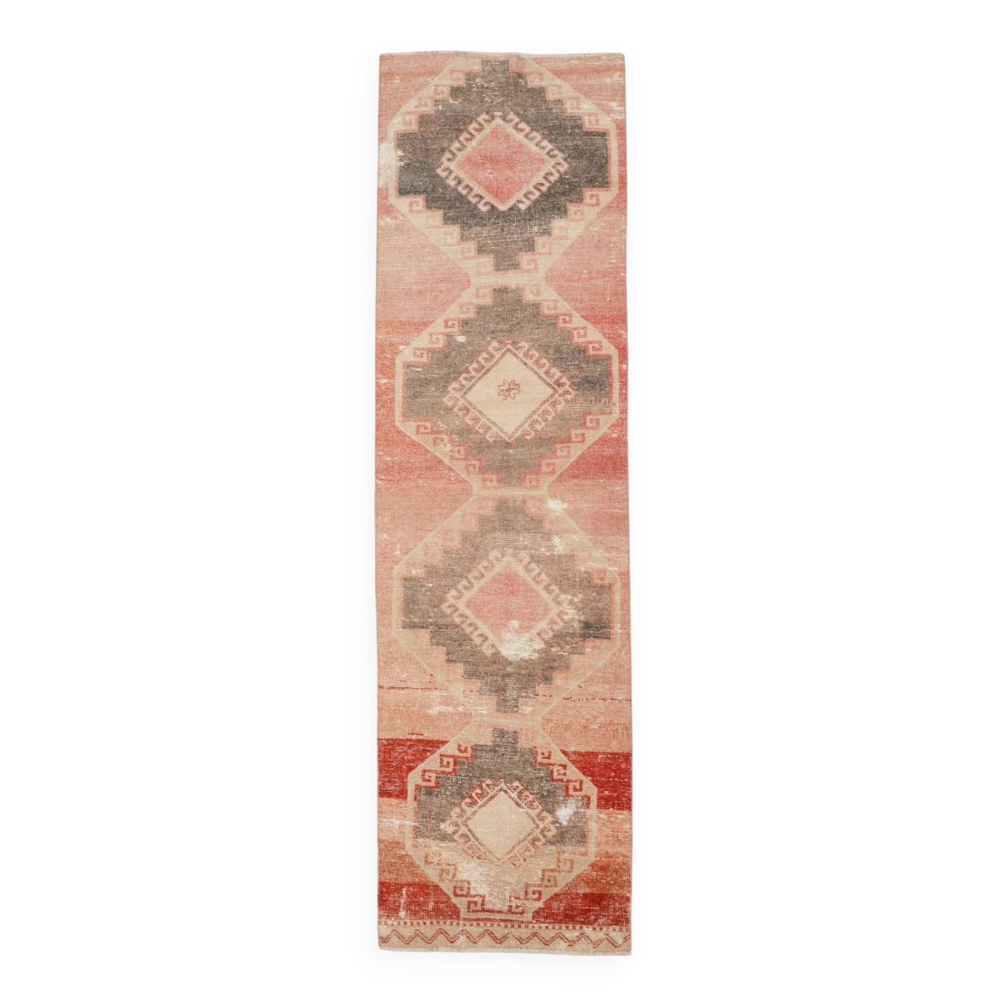 Tapis Couloir Vintage Turc, Rouge, Marron Fané & Crème Géométrique, 85x300