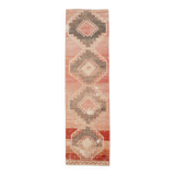 Tapis Couloir Vintage Turc, Rouge, Marron Fané & Crème Géométrique, 85x300