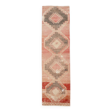 Tapis Couloir Vintage Turc, Rouge, Marron Fané & Crème Géométrique, 85x300