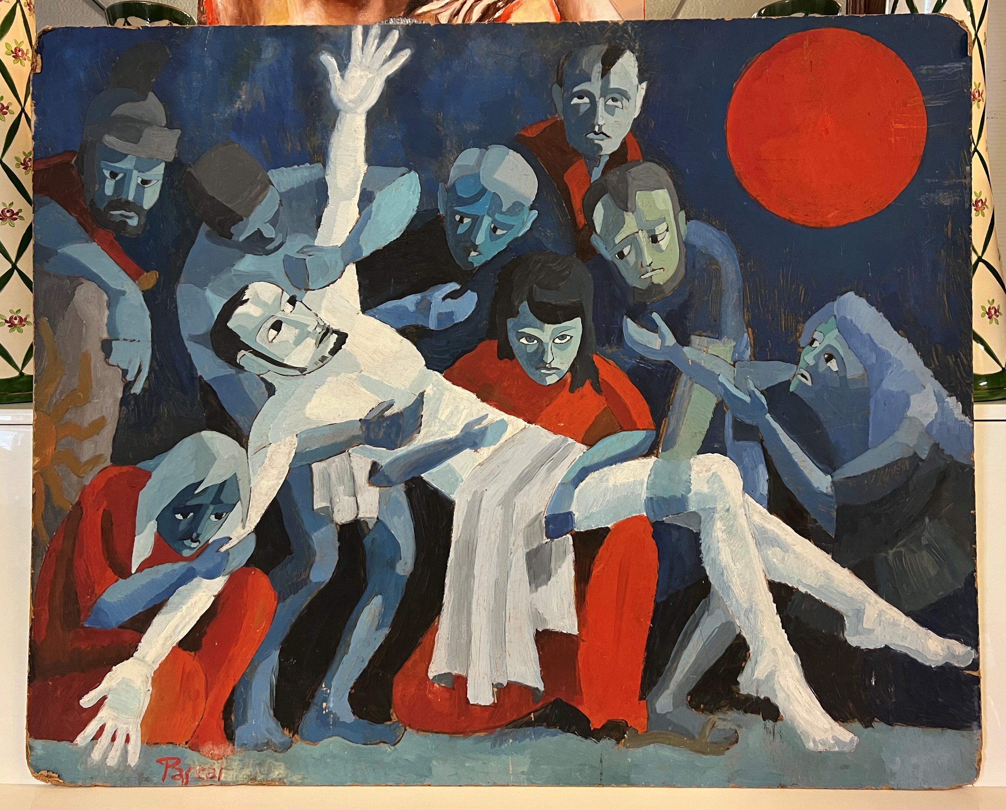 Huile sur panneau: tableau religieux moderniste signé Pascal