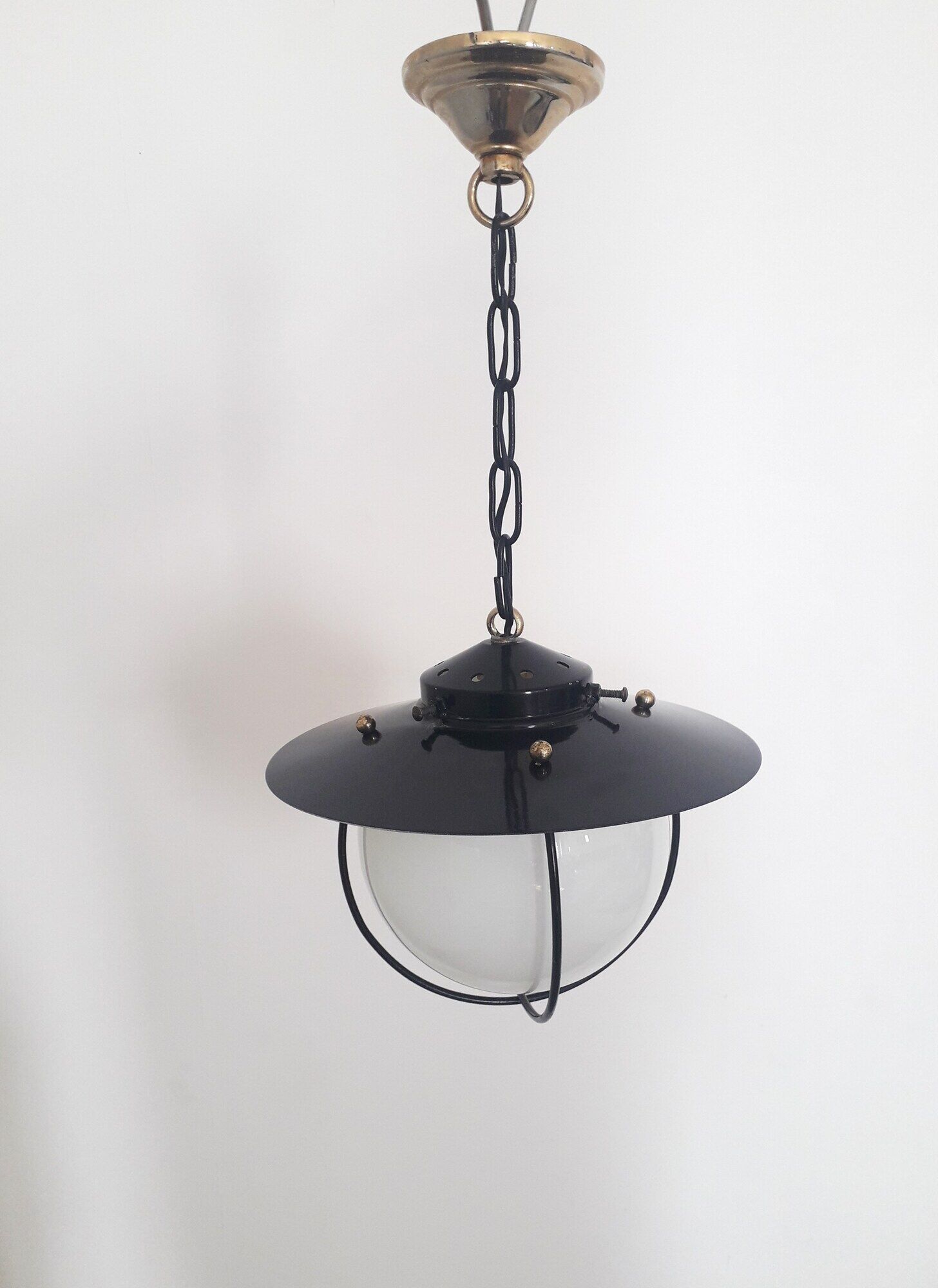 Old entrance hall suspension - opaline and black lacquered metal - 1960