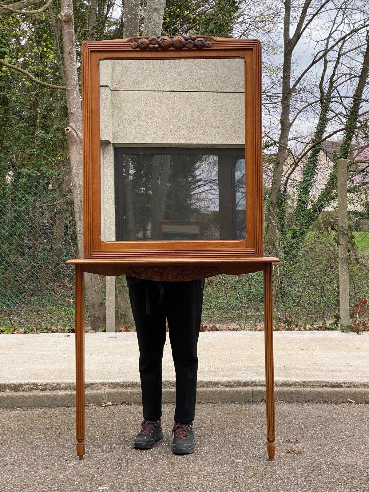 1950s Art Deco entrance mirror in solid oak console