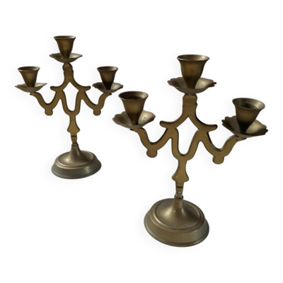 Paire de bougeoirs laiton 3 branches décoration campagne scandinave bohème