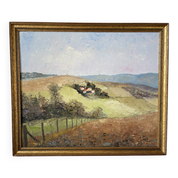 Petit hameau dans les collines, huile sur toile signé