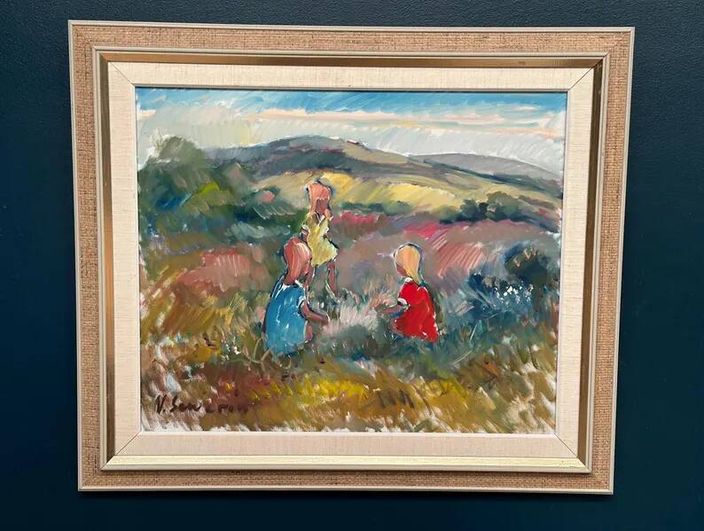 Original Swedish Oil on Canvas - "Children Playing" by Nils Sewerin (1920-1985) - Signed - Vintage and Framed - 77 × 66 cm (30.3" × 26")