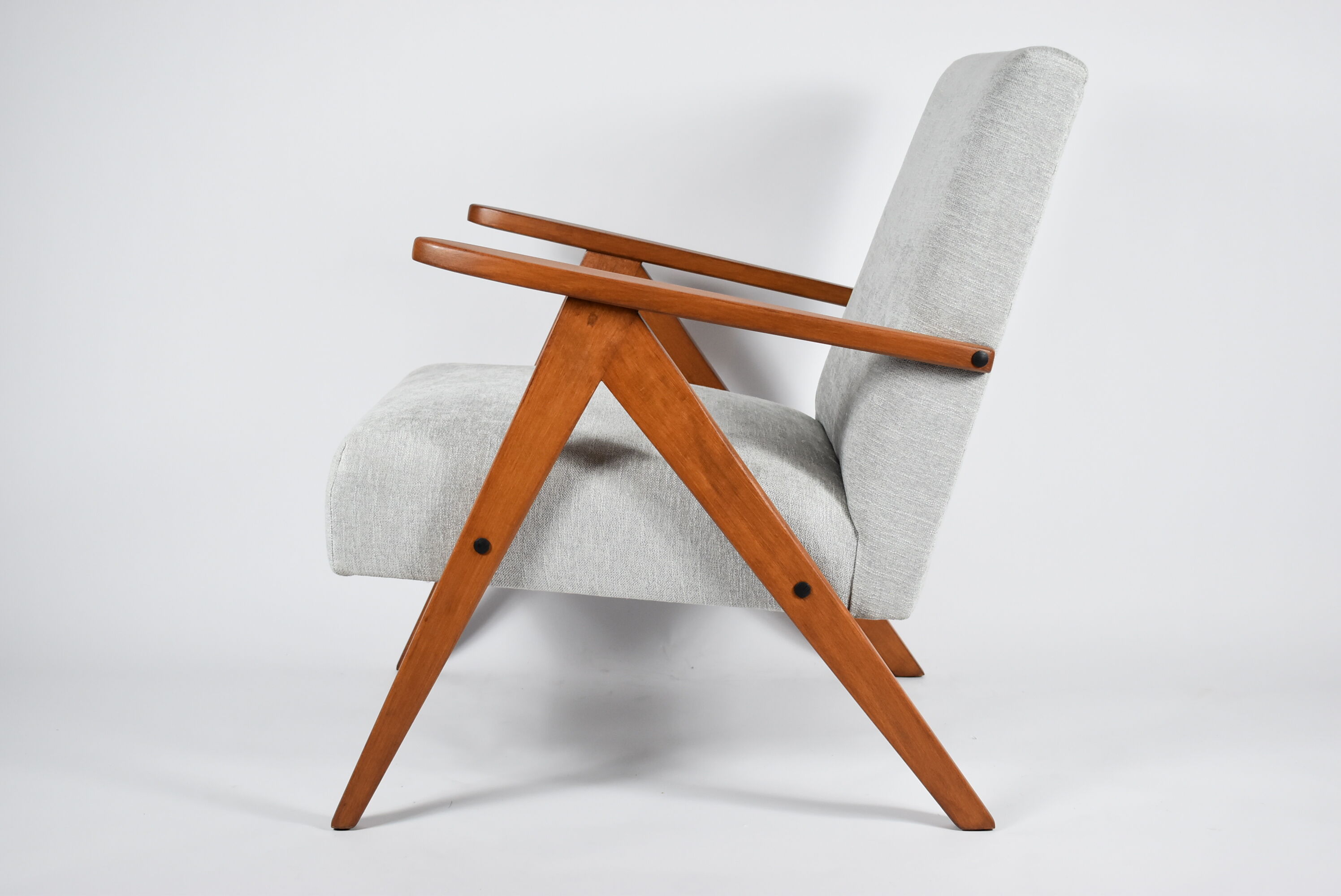 Vintage original armchair 1960s, totally restored, light grey fabric