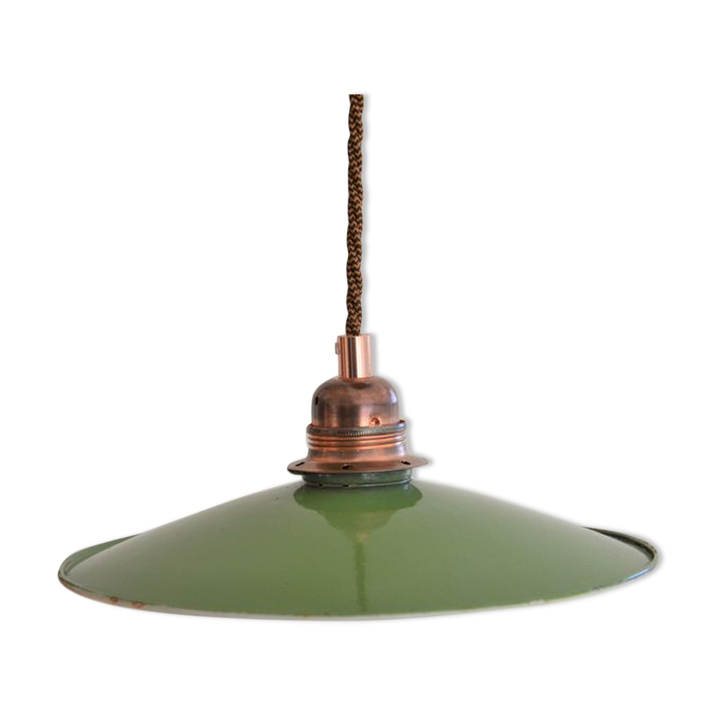 Green enamel suspension, porcelain rosette and copper E27 socket