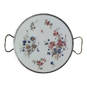 Sarreguemines Digoin “Righi” earthenware tray, metal rim and handles.