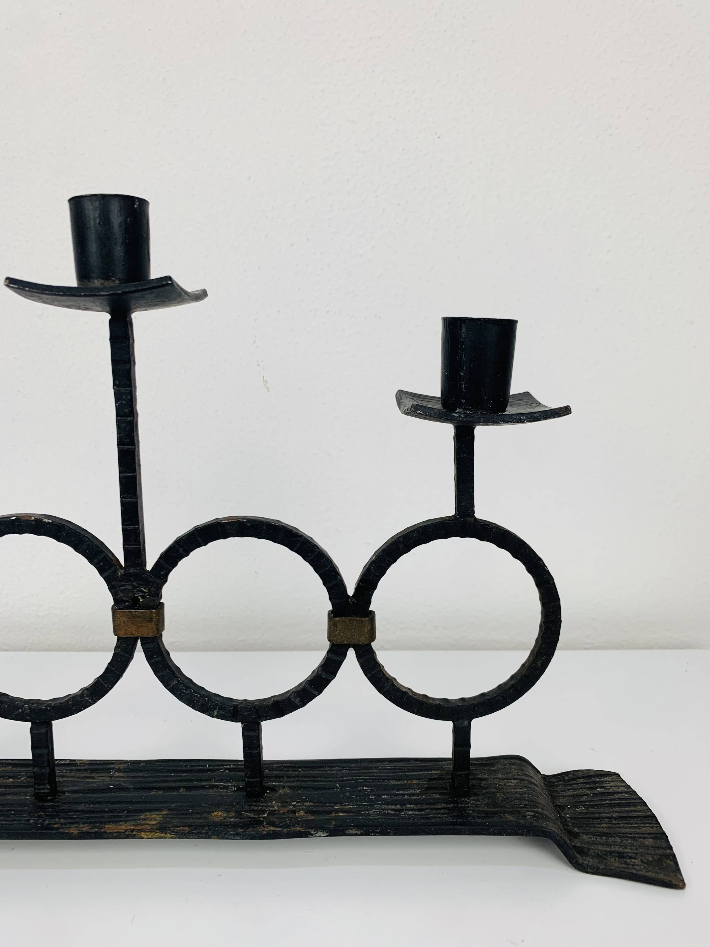 Vintage Brutalist Wrought Iron Triple Candle Holder