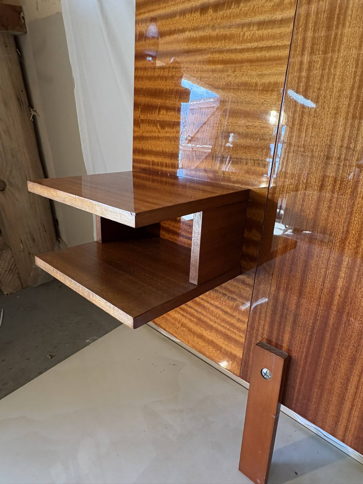Varnished mahogany headboard, integrated bedside tables, 1960s
