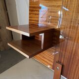 Varnished mahogany headboard, integrated bedside tables, 1960s