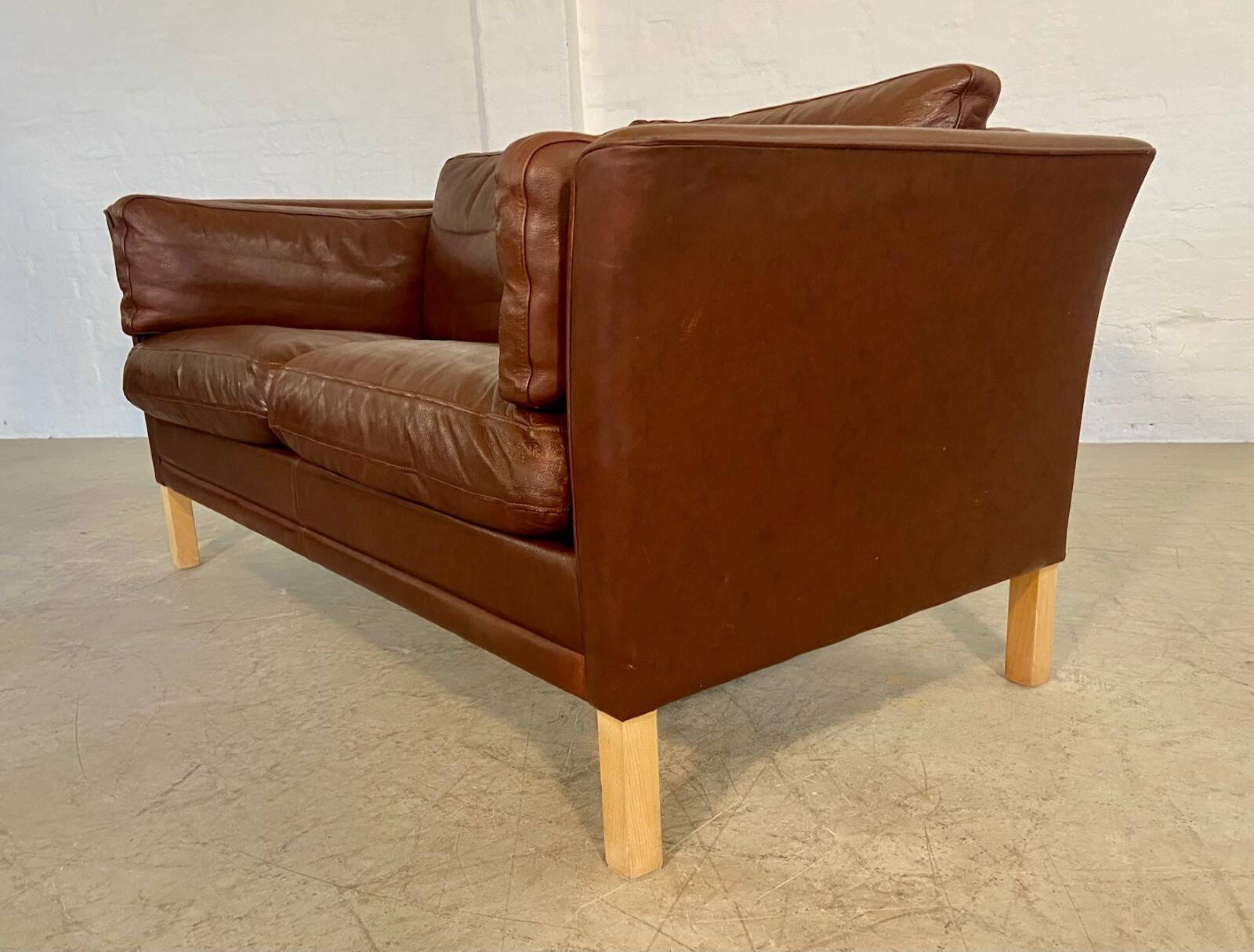 Danish mid-century vintage Mogens Hansen 2 person cognac brown leather sofa 60s