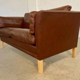 Danish mid-century vintage Mogens Hansen 2 person cognac brown leather sofa 60s