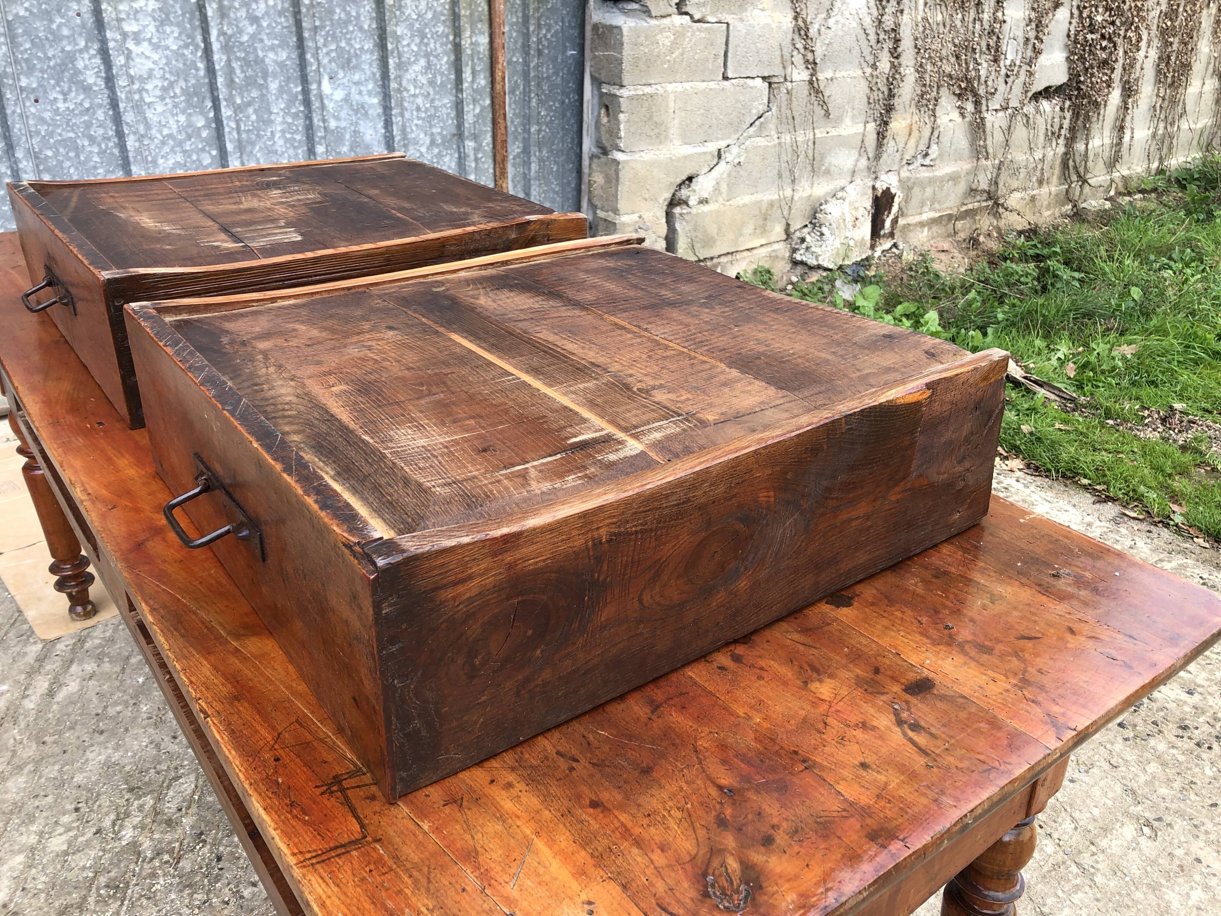 Old farmhouse table in solid cherry wood with 2 front drawers.