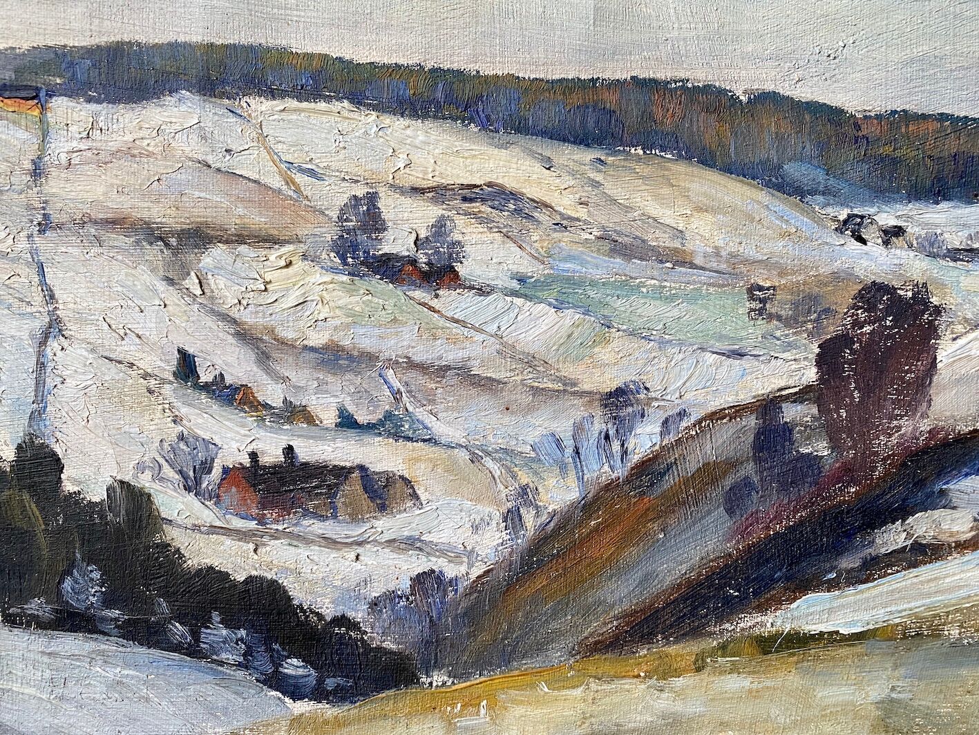 Mid-century modern "mountain views" vintage winter landscape oil painting, framed